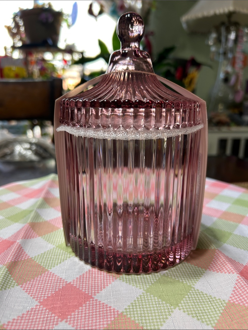 Beautiful Tall Ribbed Glass Lidded Jar Candy Dish Storage Rose’ Pink NWT